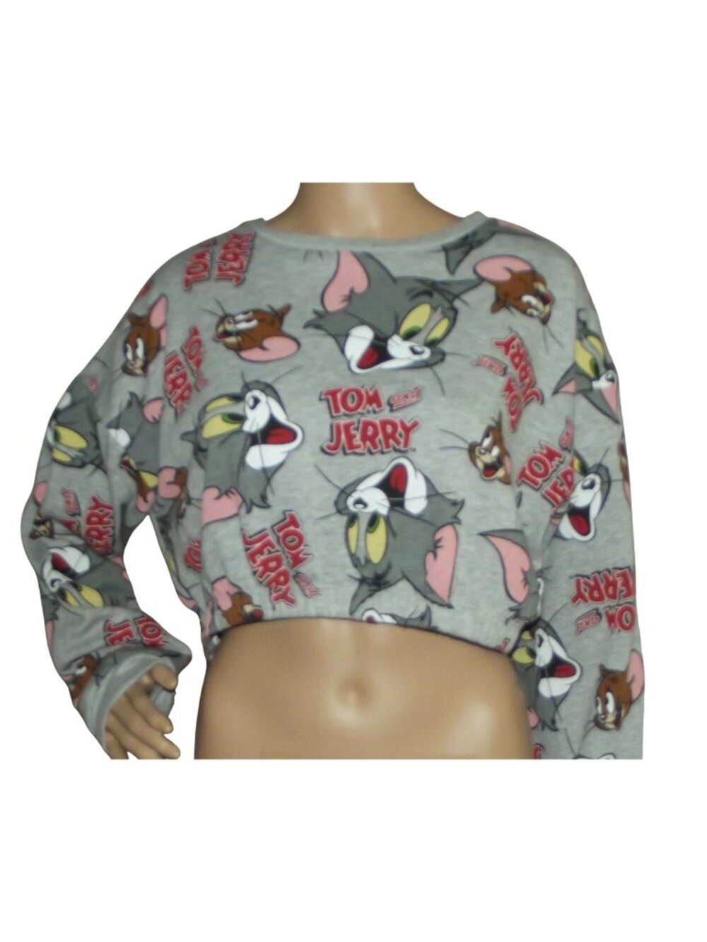 Tom & Jerry Crop Sweatshirt Womens XL Gray Heather all over print cartoon